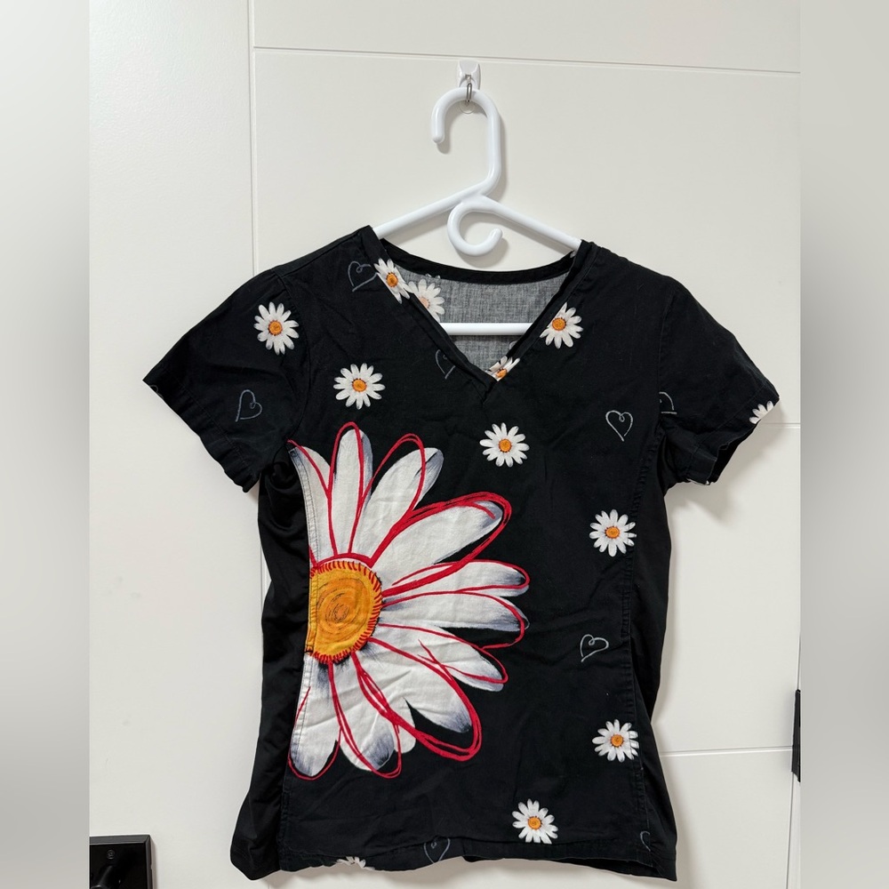 Black Floral Scrub Top